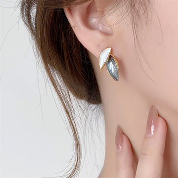 Dongdaemun Small Leaf Sterling Silver Needle Painting Oil Stud Earrings