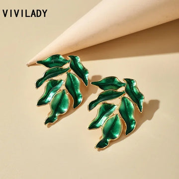 VIVILADY BOHO Trendy Alloy Drop Glaze Green Color Monstera Leaf Women Stud Earrings INS Chic Female Beach Jewelry Brincos