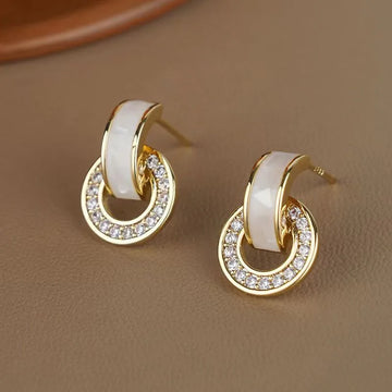 Korean White Drip Oil Circular Stud Earrings for Women Exquisite Sparkling Crystal Geometric Round Earrings Party Jewelry Gifts