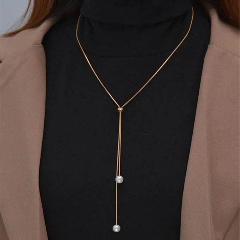 Fashion Silver Color Long Tassel Pull Pearl Pendant Necklaces for Women Simple Adjustable Clavicle Chain Choker Jewelry Gift