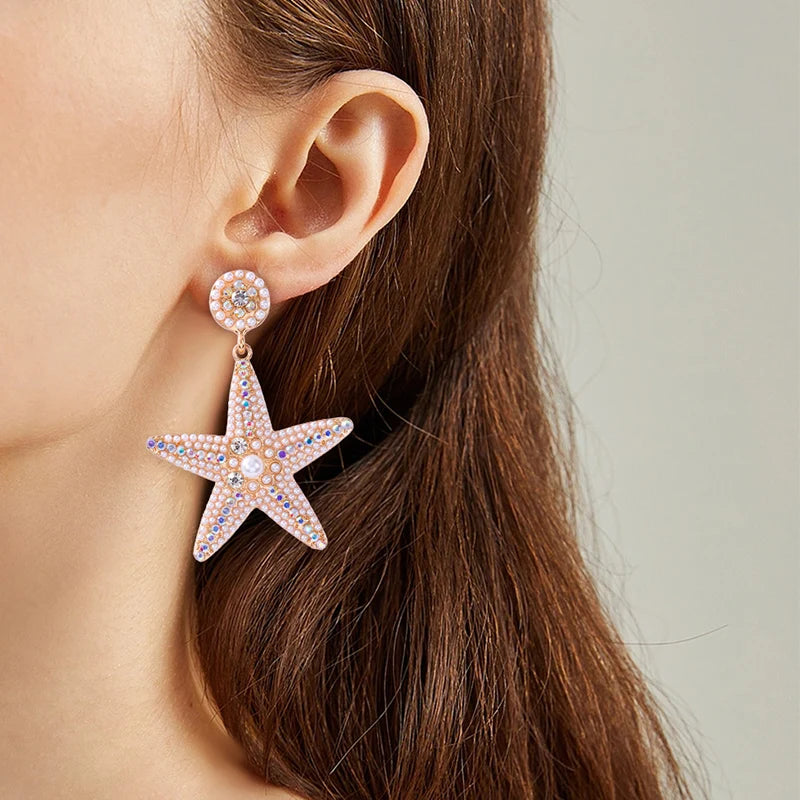 Metal Starfish Dangle Post Earrings For Women Acrylic Seed Beads Fashion Jewelry Trendy New Style Holiday Accessories Gift MQ358