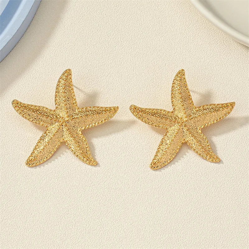 Exaggerated Boho Large Metal Starfish Stud Earrings for Women Ladies Trendy Summer Gold Color Earrings 2024 Fashion Jewelry New