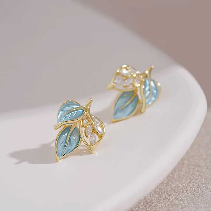 Blue Unique Leaf Earrings for Women 2024 New Fahion Niche Design Gentle Stud Earring Temperament Light Luxury Jewelry Gifts