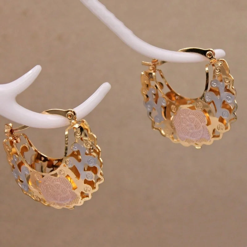 1 Pair Trendy Rose Pattern Gold Plated Hollow Out Hoop Earrings for Women Fashion Jewelry Accessories Wedding Party Birthday Gi