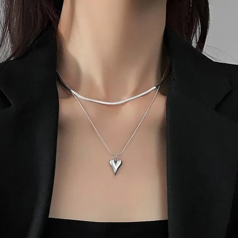 Double Layered Love Heart Pendant Necklace for Women Simple Neck Chain Jewelry Femme Ladies Party Necklace Fashion Jewelry